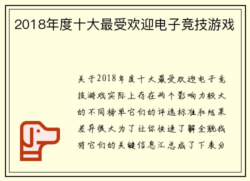 2018年度十大最受欢迎电子竞技游戏